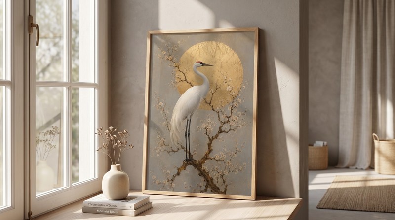 Japanese Crane Wall Art Gold Sun Japandi Poster Cherry Blossom Print gallery