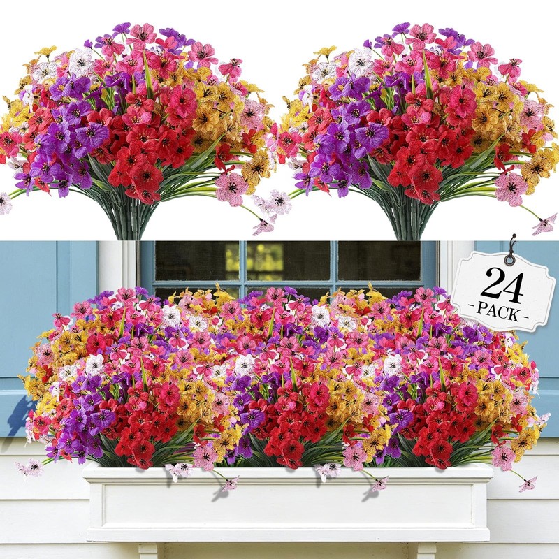 24 Bundles Artificial Flowers Outdoor Fake Plants Fade Resistant Hanging Planter