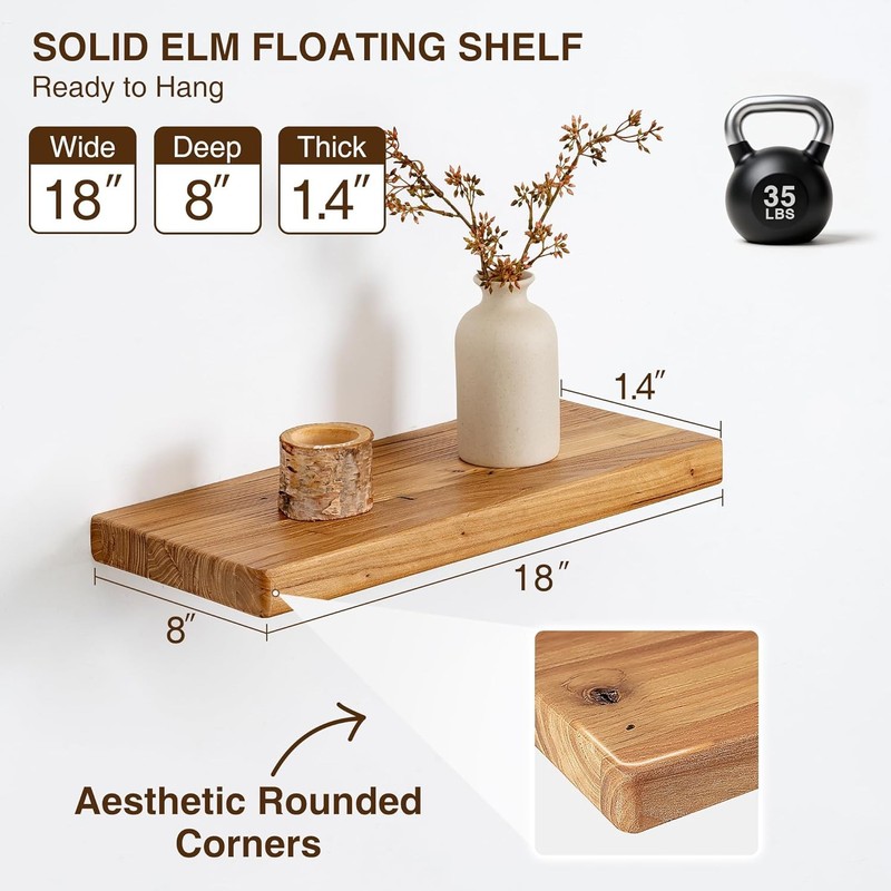 Solid Elm Wood Floating Shelves, 18" W x 8" D Floating Shelf Wall Mounted, 8 gallery
