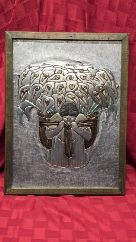 Vintage Repousse Metal Wall Art Girl With Calla Lilies Framed 16″x12″