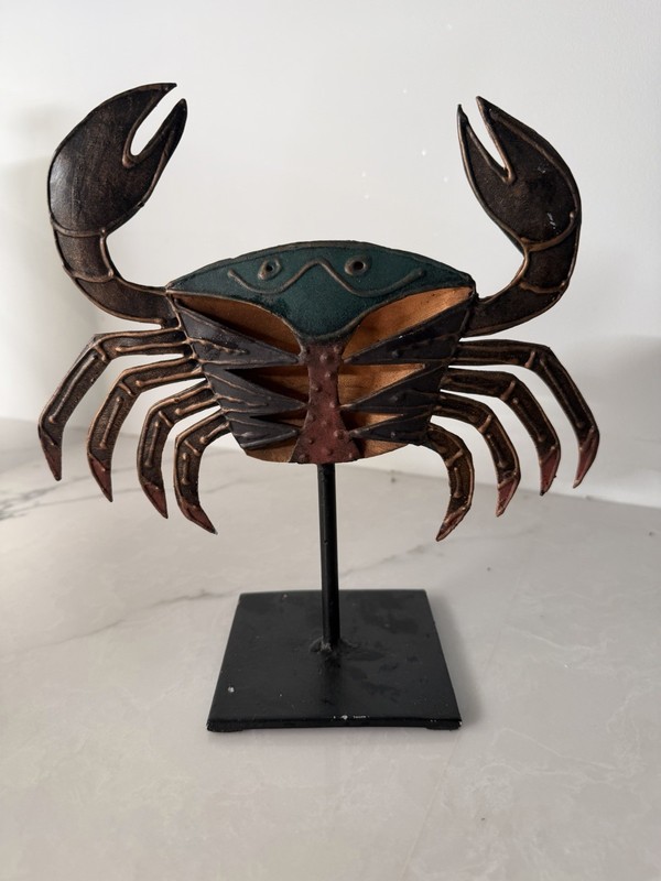 Pier 1 Metal Crab Sculpture Pedestal Stand Bronze Copper Coastal Beach