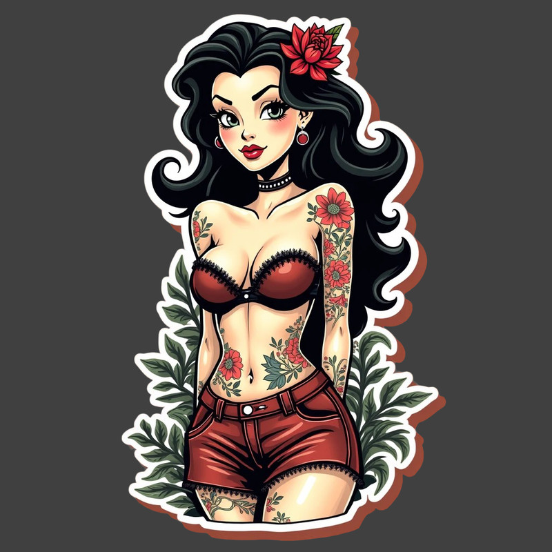 Pinup Girl Sticker Vinyl Decal Retro Tattoo Beauty Floral Pin Up Art