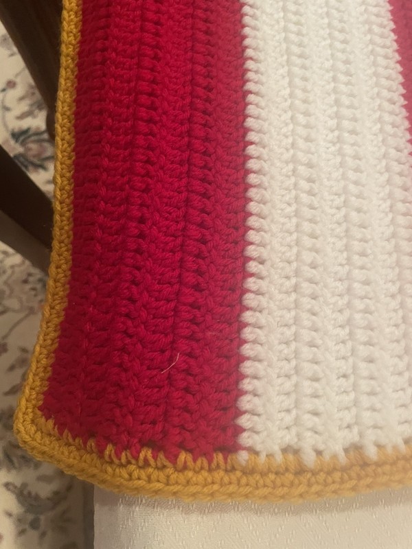Hand Made Crochet USA Flag Blanket Stars Stripes Red White Blue Gold Trim 70X46” gallery