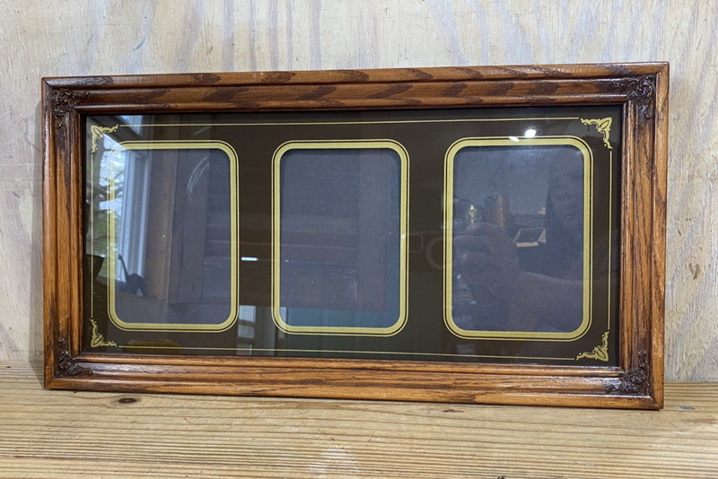 Vintage Stained Oak Wood Ornate Corners Triple Divided Wall Mount Picture Frame