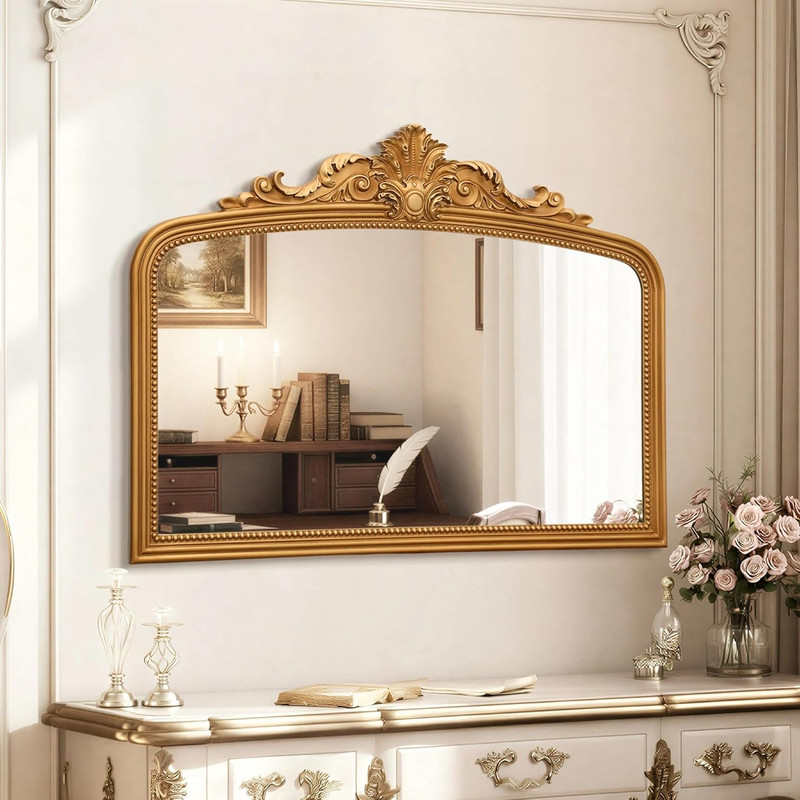Gold Arched Vintage Mirror: 40" X 30" Baroque Large Decorative Wall Vanity Mirro