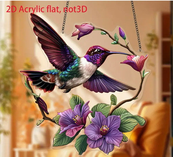 SUNCATCHER-Vibrant Hummingbird & Flower Garden Scene, Colorful Acryli