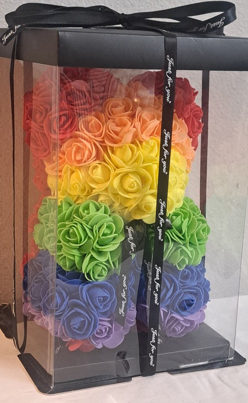 Rainbow Rose Teddy Bear Artificial Flower Bear Gift in Display Box gallery