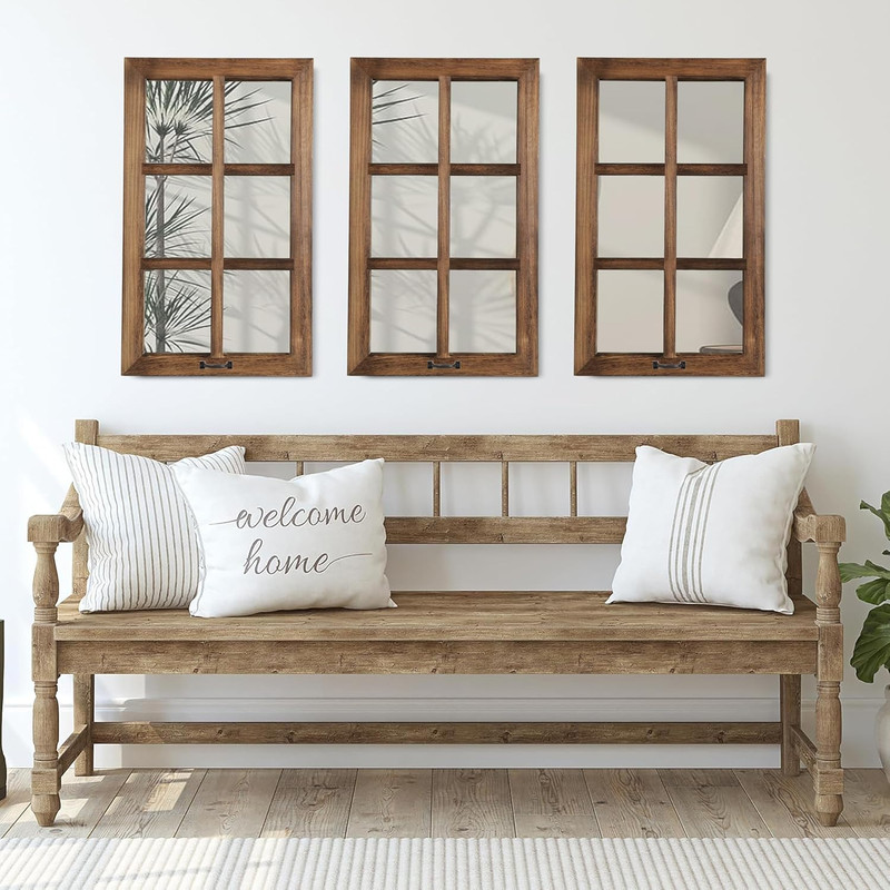 Farmhouse Distressed Wood Windowpane Mirror - Rustic Wall Decor 40"x24 gallery