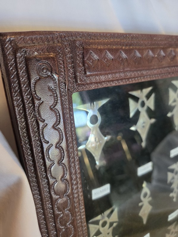 Wall Art 21 African Tuareg Silver Crosses Display Tooled Leather Frame W/ Glass gallery