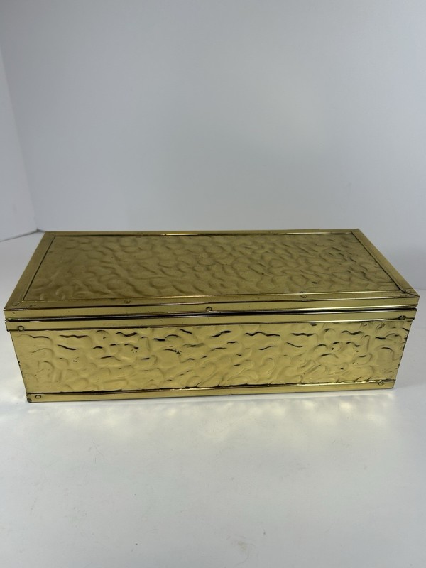 Brass Lidded Box 12” Textured Hinged Storage Stash Trinket Desk Gold