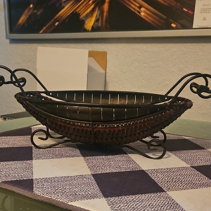 Oval Wicker & Metal Basket with Scroll Handles, Freestanding, Brown/Black gallery