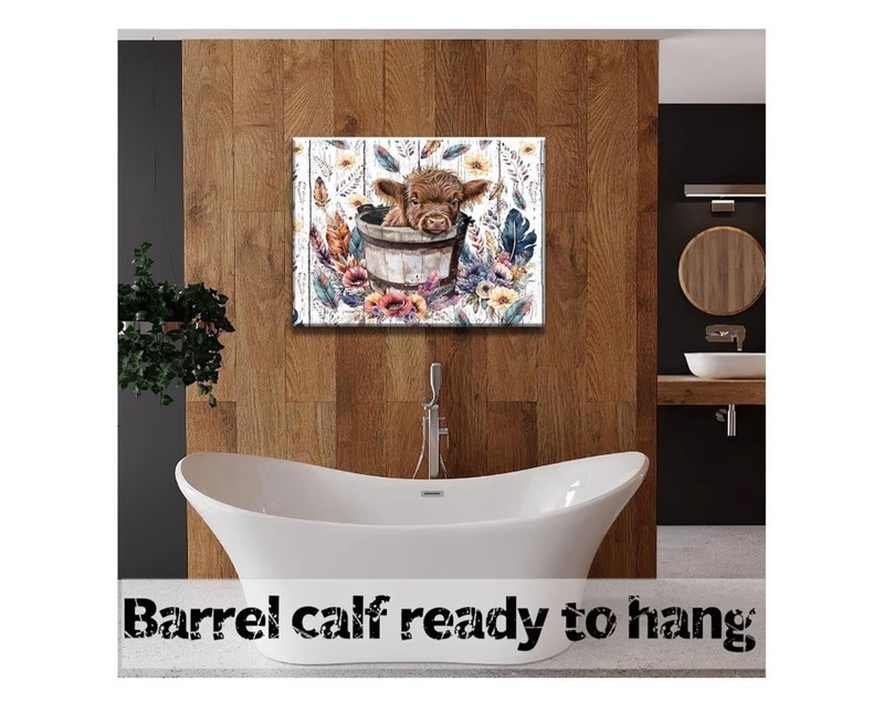 Cute Highland Cow Baby In Bucket Canvas Wall Art Ready To Hang 23 1/2×15 1/2 In gallery