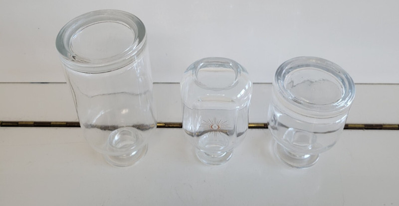 3 CLEAR THICK GLASS DECORATIVE BOTTLES 4 4.25 AND 6 INCHES TALL 1 WITH STARBURST gallery