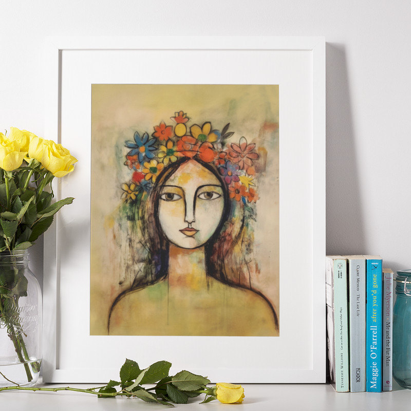 Floral Crowned Beauty Art Print – Modern Bohemian Wall Decor, Brown Eyes Female