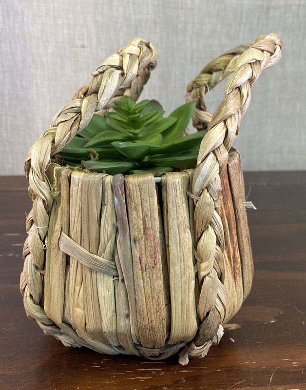 Small 6″ Plaited Raffia Woven Basket Faux Succulent Plant Home Decor GUC