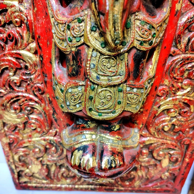 Vintage Thai Burmese Hand Carved Wood Buddha Wall Panels Set of 2 Red Gold 24x12 gallery