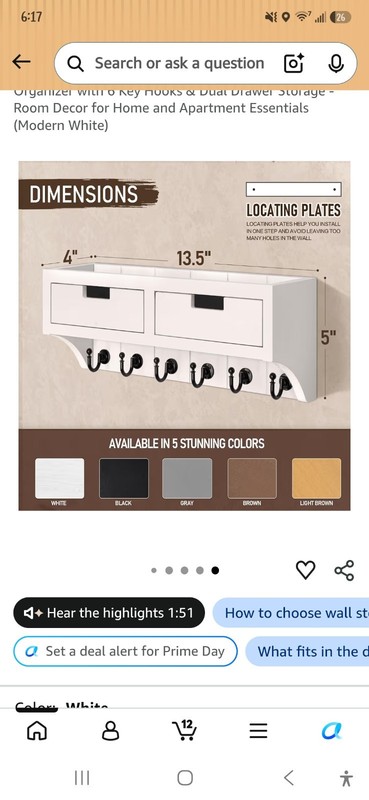 Wall Mounted Key & Mail Rack Combo, 2 Drawers 6 Hooks, White Modern 13.5×5″