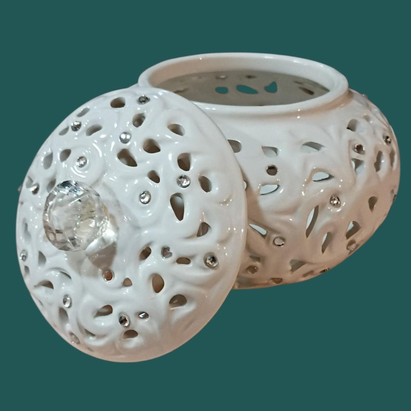 Ceramic Lidded Jar Elegant White With Rhinestone Accents Pierced Decor gallery