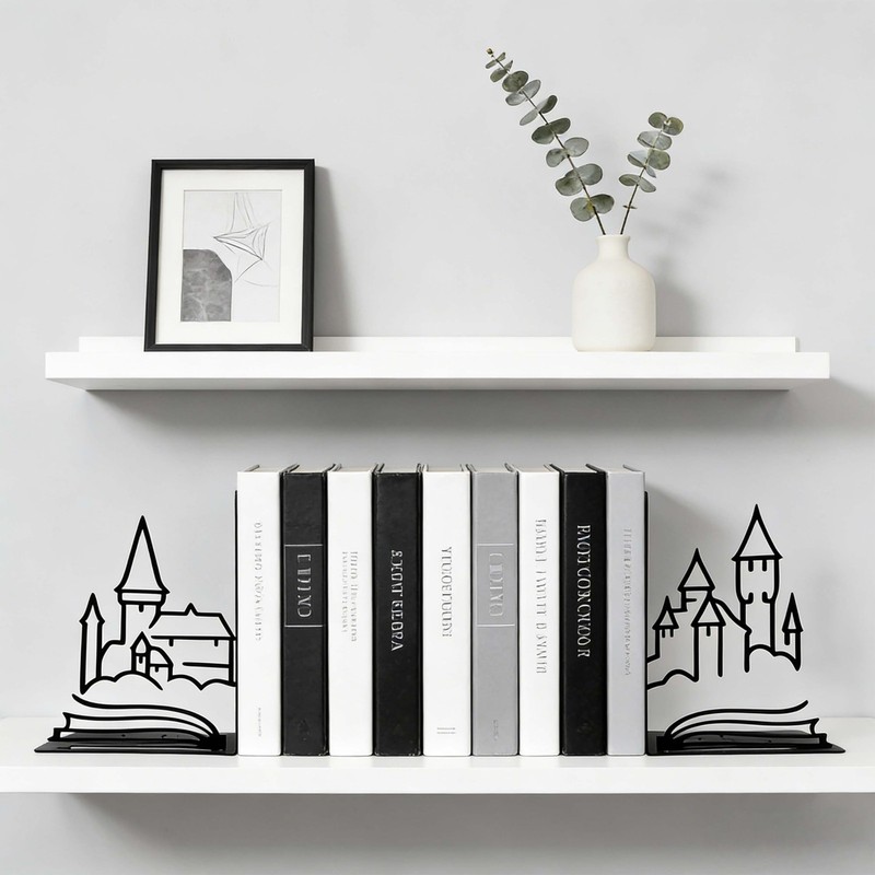 Matte Black Iron Decorative Bookends for Shelves, Fantasy Castle Book Ends fo... gallery