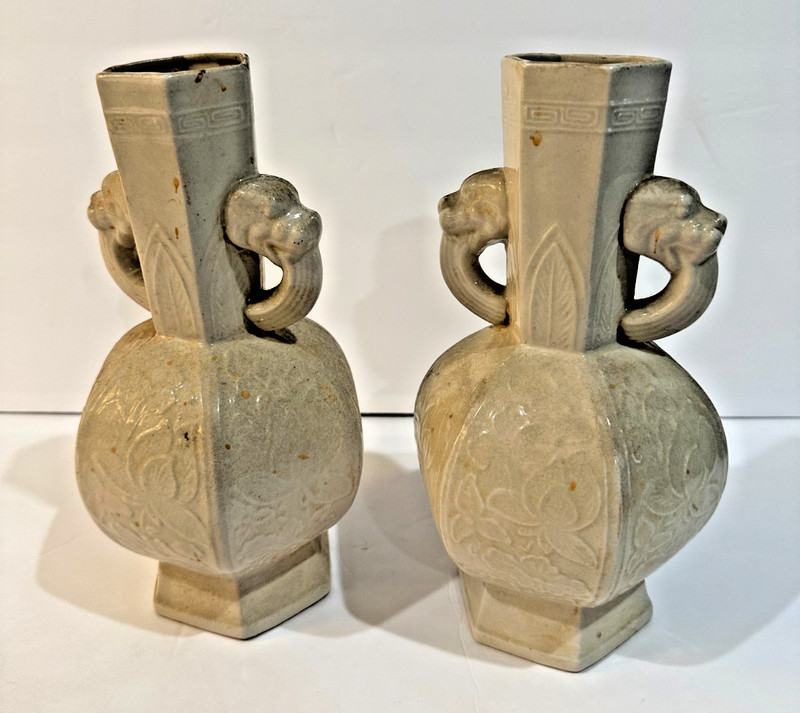 Pair Chinese Style Blanc De Chine Porcelain Lion Handle Hexagonal Vases 9.75″