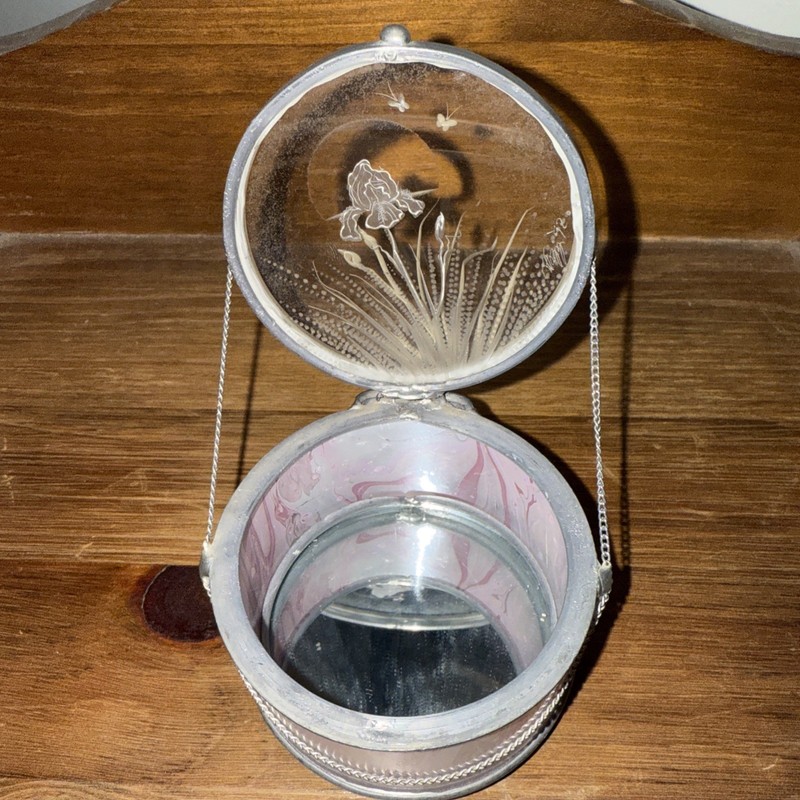 Vintage Etched Glass design Lid, round Trinket box Artist Made