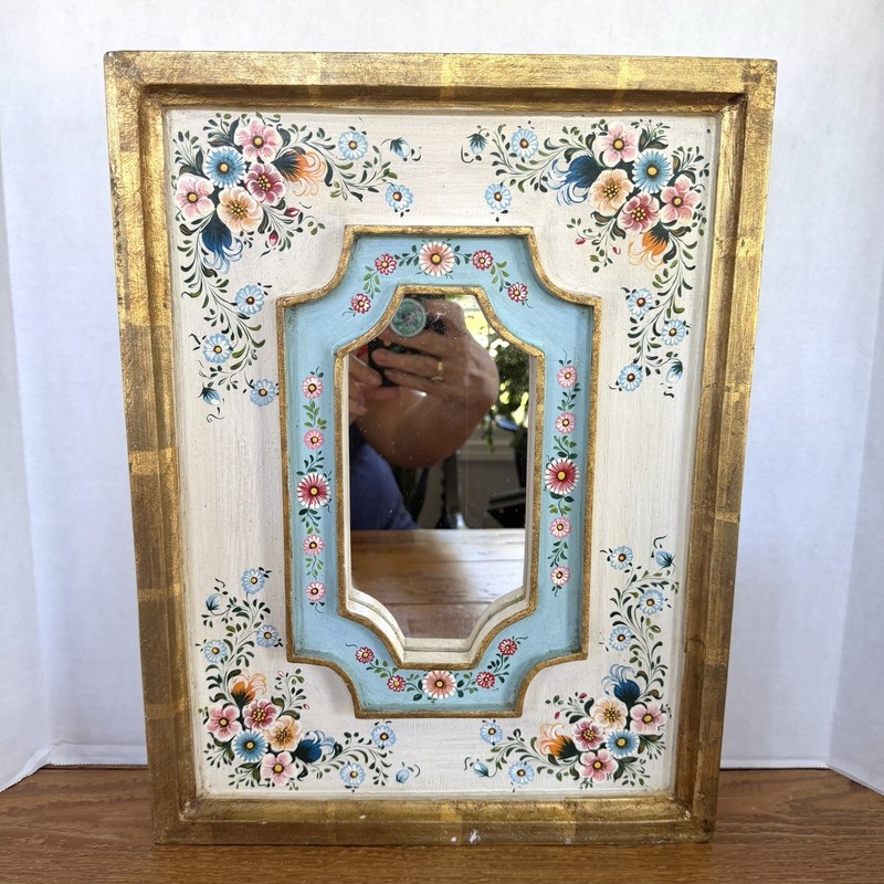 VTG Folk Art Hand Painted Dutch Scandinavian Farmhouse Cottage Wood Mirror 12x17 gallery
