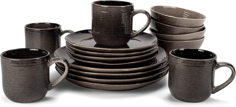 Rustic Boho 16-Piece Ceramic Dinnerware Set - Mocha Grey Ombre for 4 gallery