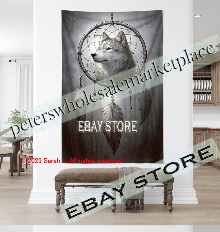 Wolf Dreamcatcher tapestry 3D relief look art 59X82 in