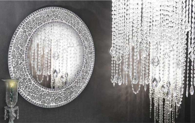 24" Silver Round Wall Mirror, Crackled Glass Mosaic, Decorative Mirror gallery