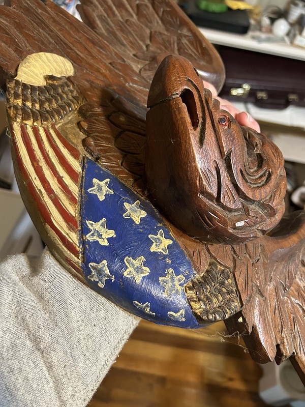 Hand Carved Wood Eagle Wall Plaque Americana Folk Art Patriotic Flag 27 1/2” gallery