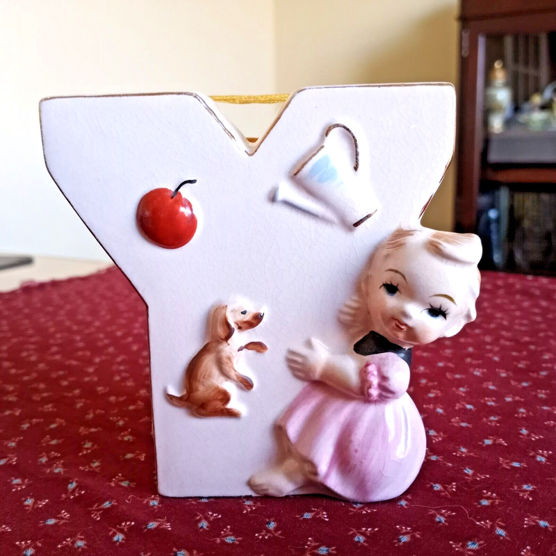 Vintage Letter Y Wall Hanger w/Baby & Dog gallery