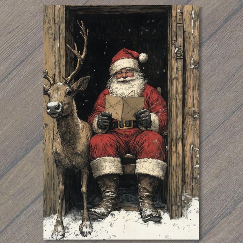 Art Print Santa Claus Reading Letter Outhouse Reindeer Outside Cabin Snow Winter