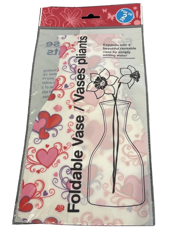 Folding Vase – 2 Pack White Vase w/Red, Pink & Purple Heart Design