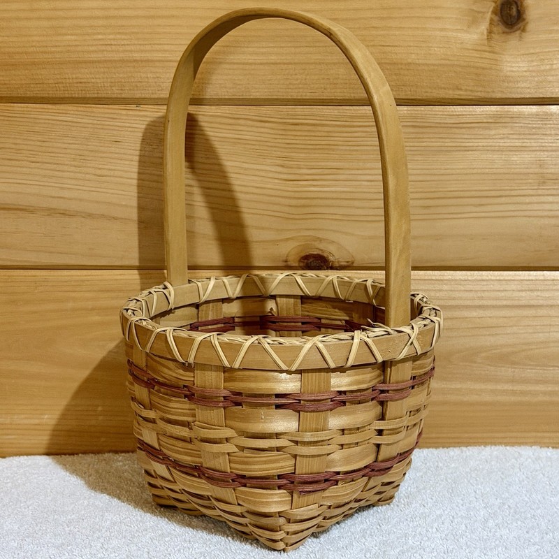 Vtg Longaberger Style Wicker&Wood 2 Tone Basket Country Handle Red Natural Round gallery
