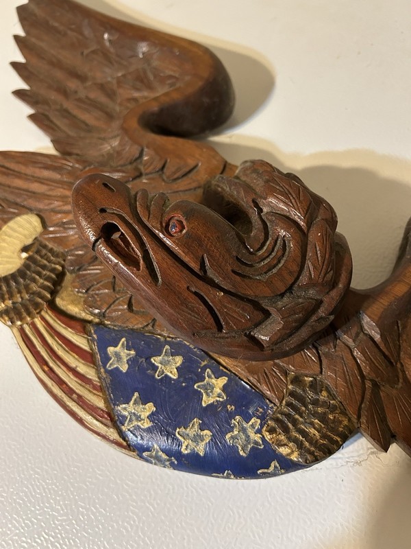 Hand Carved Wood Eagle Wall Plaque Americana Folk Art Patriotic Flag 27 1/2” gallery