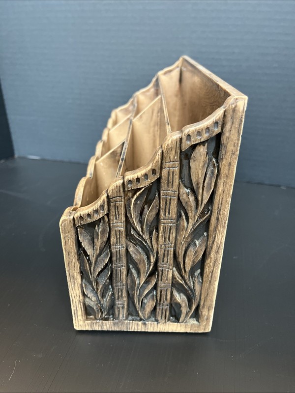 Vintage Lerner Carved Faux Wood Letter Holder Mail Organizer Storage Desk Caddy gallery