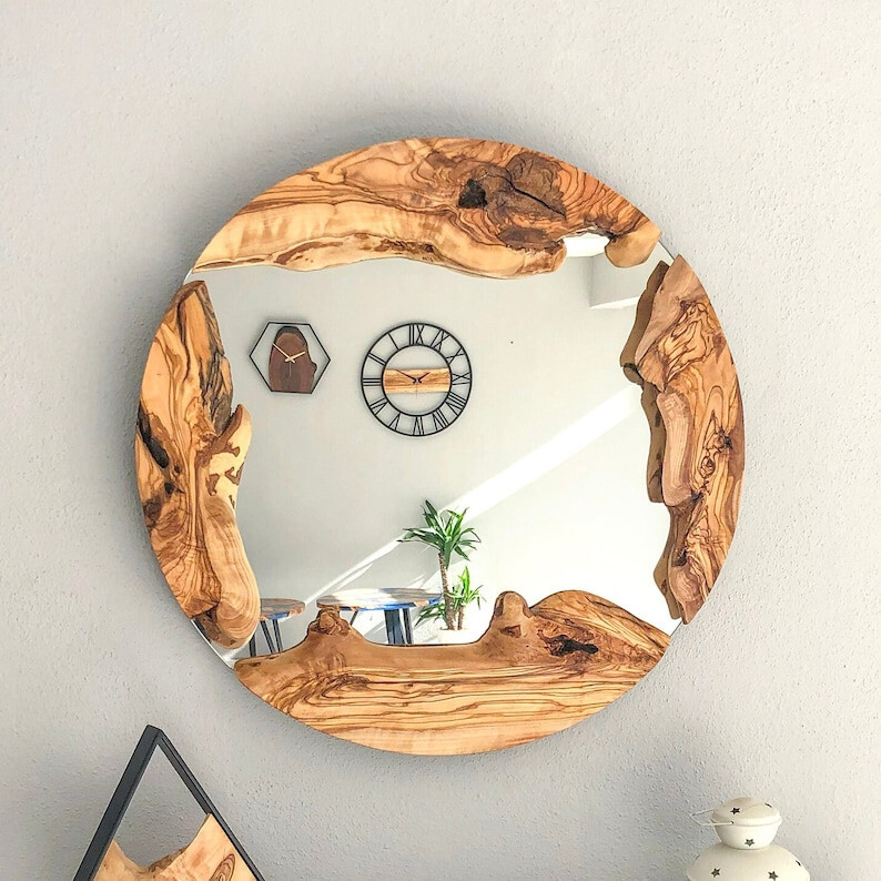 Wood Round Mirror, Live Edge Wood Wall Mirror, Wood Frame Mirror Wall Decor,