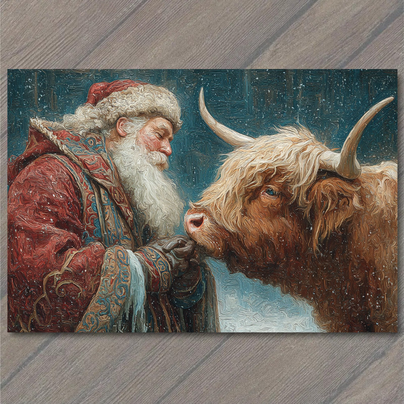 Art Print Santa Claus Highland Cow Winter Snow Christmas Farm Rustic Holiday Mag