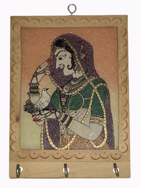 Gemstone Radha Krishna Painting/Wood Key Wall Holder W/3 Hooks - From India gallery