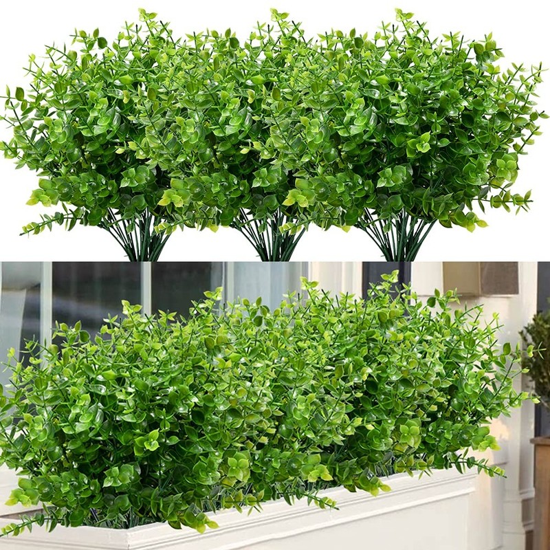8 Bundles Outdoor Artificial Boxwood UV Resistant Fake Stems Plants, Faux Plasti
