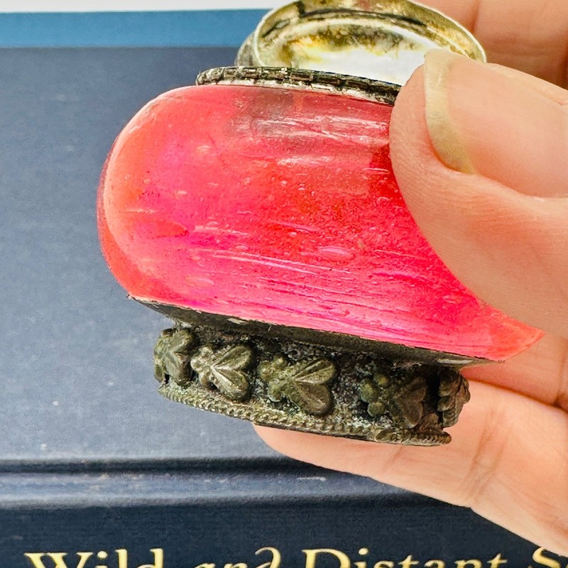 Vintage Pink Glass Trinket Pill or Ring Box with Ornate Filigree Hinged Lid gallery