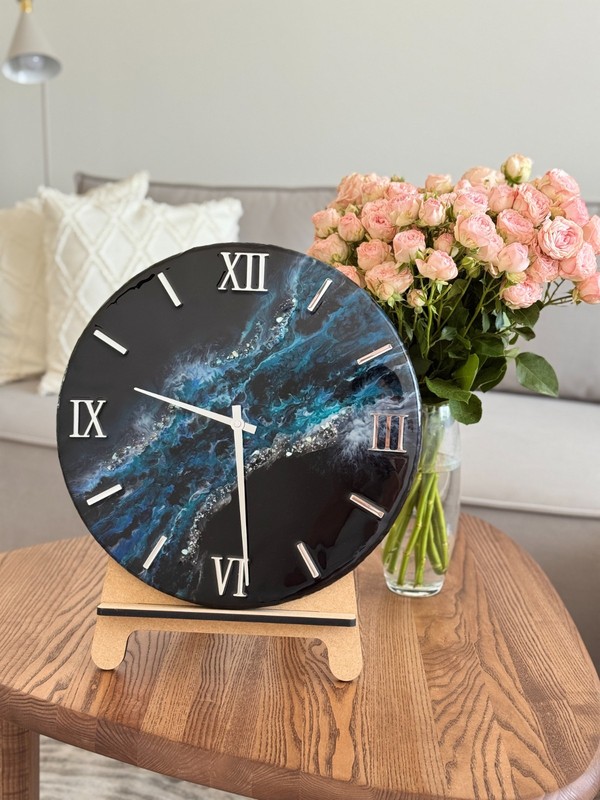 Blue Galaxy Handmade Resin Wall Clock 40 cm – Luxury Black & Blue Marble Art Clo gallery