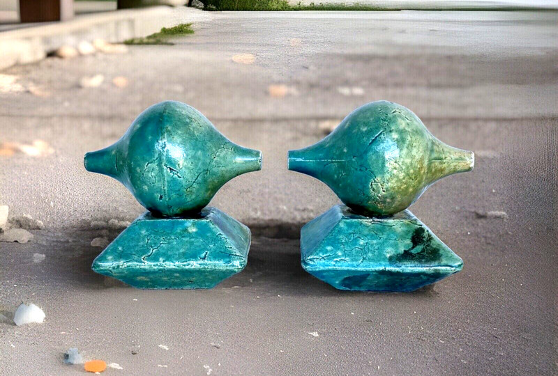 Heavy Pr Textured Turquoise Raku Ceramic Bookends Decorative Pieces 5-3/4″ Tall