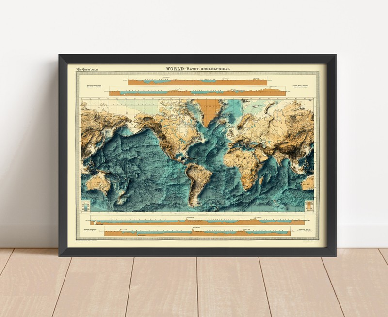 World Bathymetrical Map, World 2D Relief Map, World Vintage Map - 2D Flat gallery