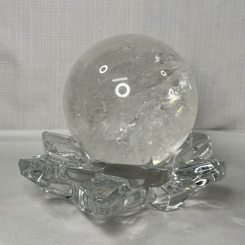 Clear Quartz Crystal Sphere with Faceted Glass Lotus Stand Decorative Orb Set