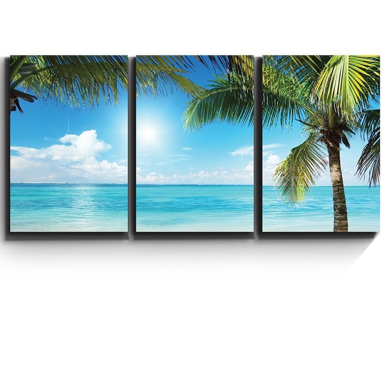 3 Piece Canvas- Tropical blue waters framed by Palms – Giclee Artwork -16″x24″x3