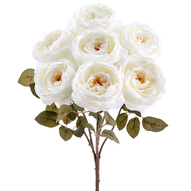 English Garden Rose Bush 7 Flowers, Cream Color Artificial Flowers, 18″