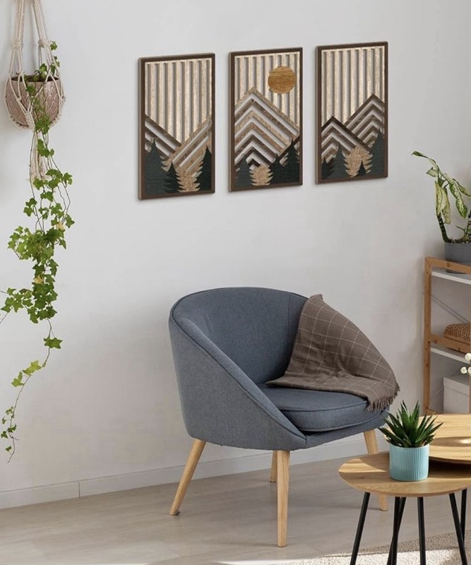 Putuo Decor Boho Mountain Wall Art Set of 3 Panels Rustic Wooden Nature Inspired gallery