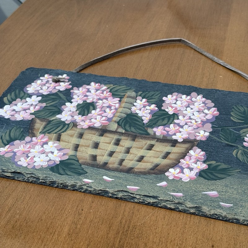 Natural Slate Handpainted Pink White Flower Basket Plaque Folk Art Farmhouse gallery
