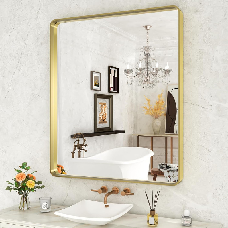 Brushed Gold Bathroom Mirror, 36×30 Inch, Rounded Rectangle, Versatile Design